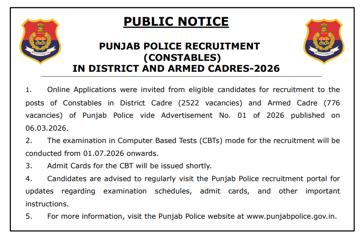 Punjab Police Constable Exam Date Notice 2026