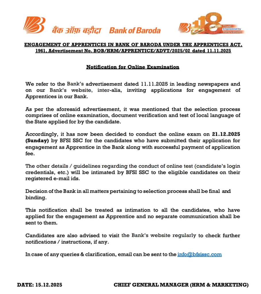 Bank of Baroda Apprentice Exam Date 2025