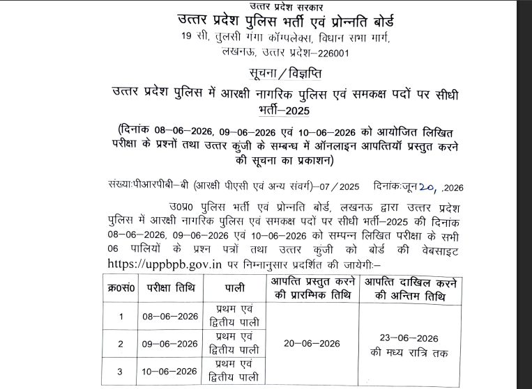 UP Police Constable answer Key Notice