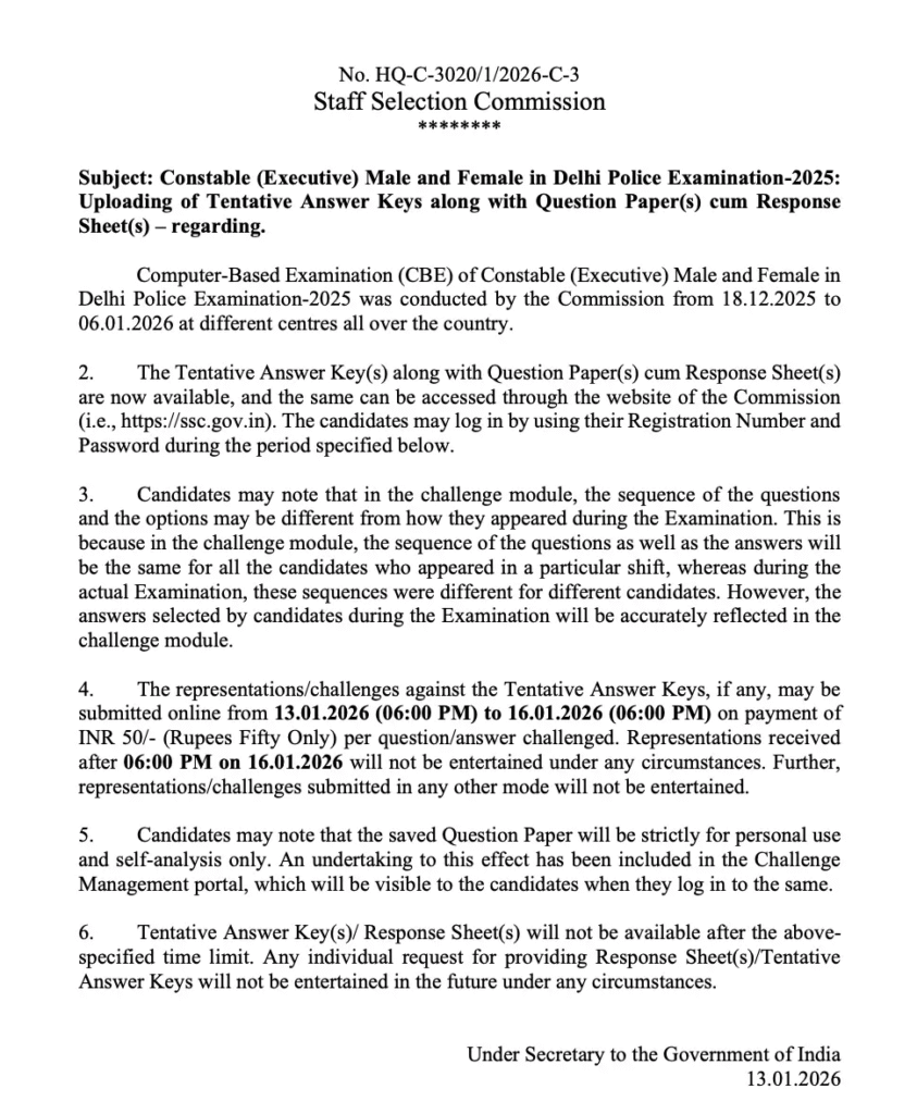 SSC Delhi Police Constable Answer Key 2025