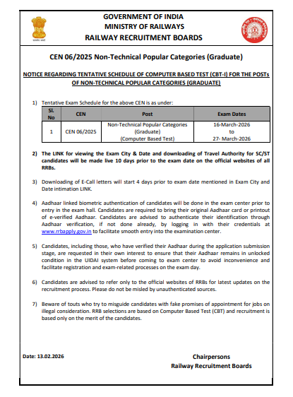RRB NTPC Exam Date 2026